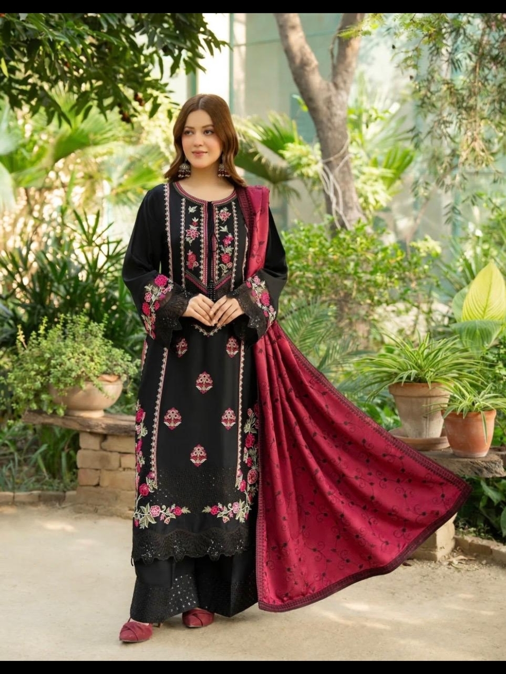 Elegant Black Long Sleeve Embroidered Dress with Maroon Dupatta New Karma Dress